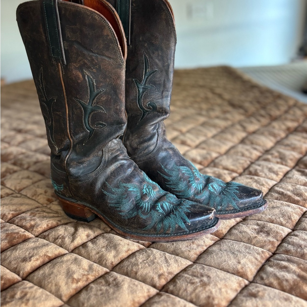 Lucchese Distressed Brown and Teal Western Boots